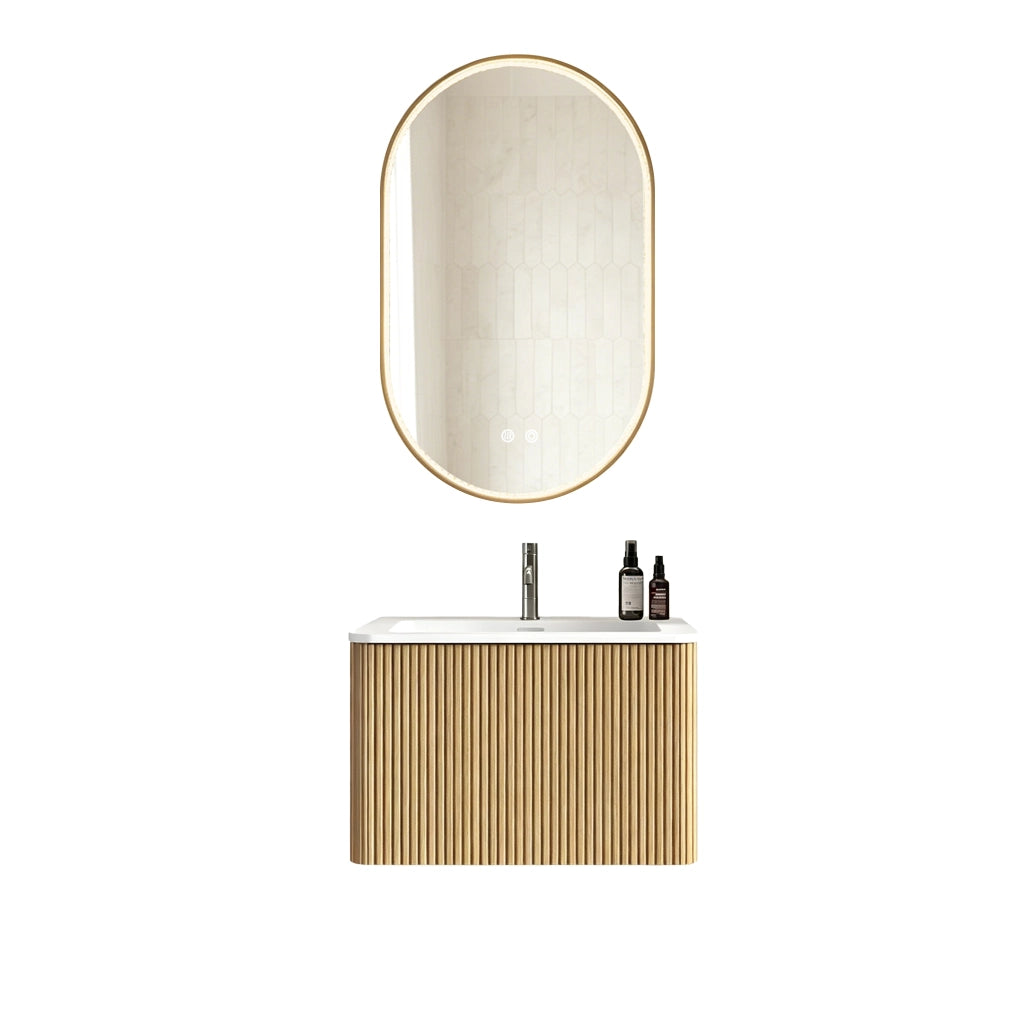 Mobile bagno con specchio con lavabo integrato e base sospesa LED antiappannamento per bagno in MDF rovere