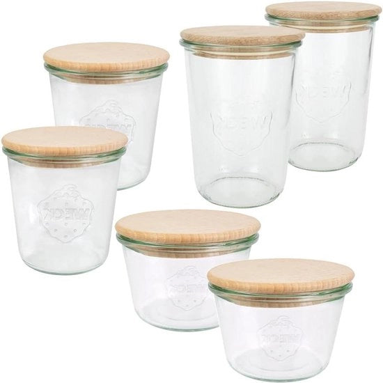 Set di contenitori in vetro da 6 - 250 ml, 500 ml, 750 ml - Coperchio in legno - Conservazione alimentare