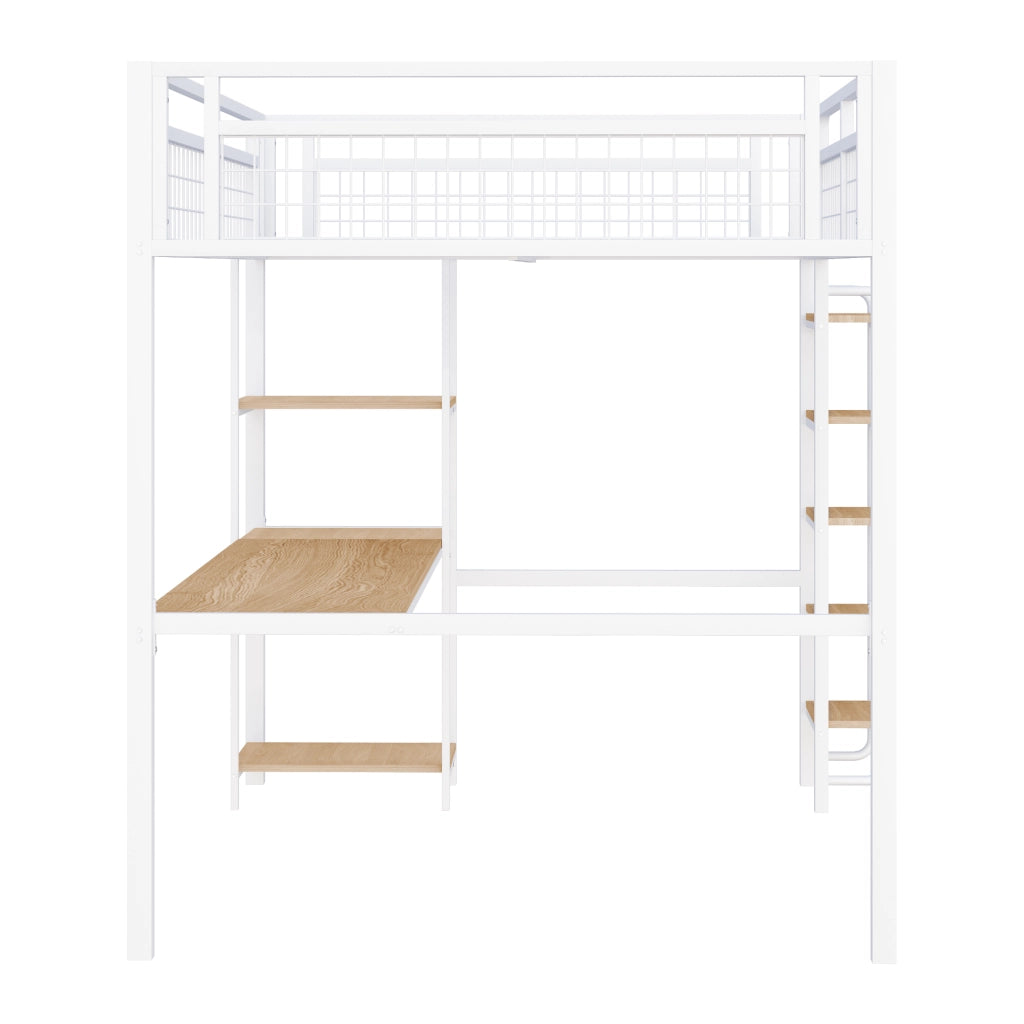 DESMIU Letto a soppalco matrimoniale con scrivania, scaffali e scala di sicurezza 140 × 200 cm, senza materasso