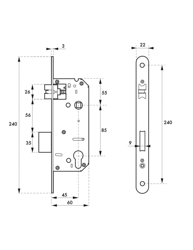 Serratura da incasso asse 45 mm, interasse 85 mm, frontale arrotondato – THIRARD