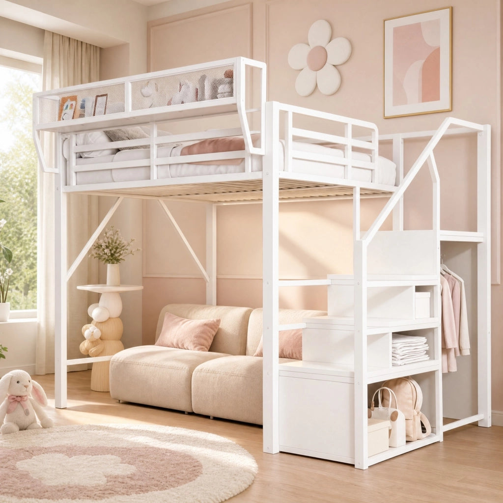 Letto a soppalco 140x200 cm in metallo con LED, scala di sicurezza e ripiano flessibile, bianco