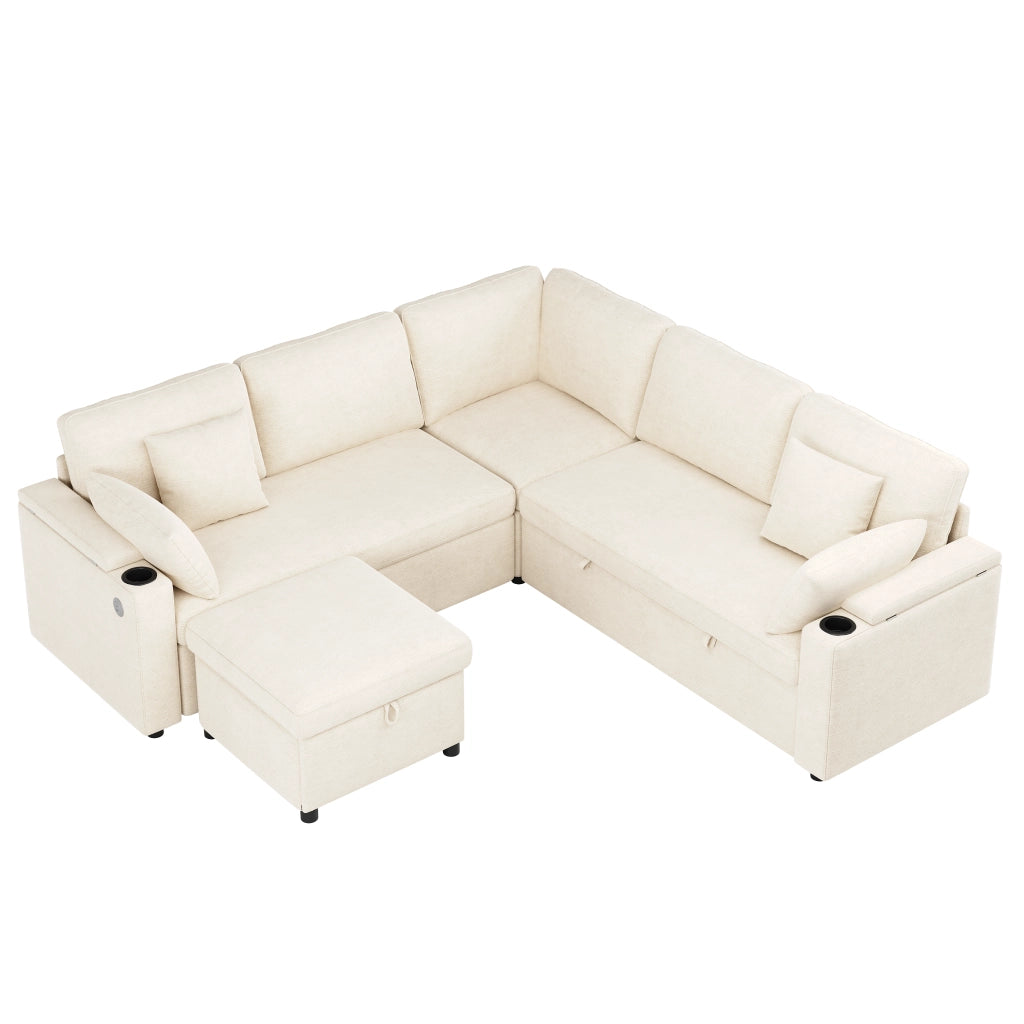 DIVANO ANGOLARE MODULARE LETTO 204x204x83 cm Chenille Beige con Hocker
