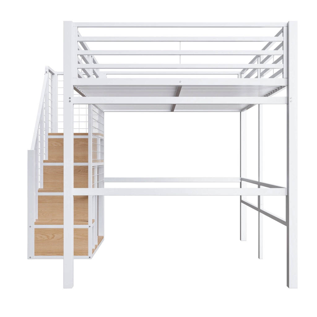Letto a soppalco 140 × 200 cm con scala, contenitore integrato e barriera alta, senza materasso, in metallo, bianco