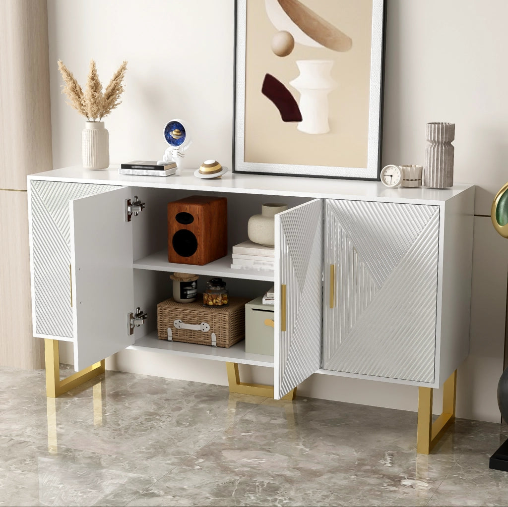 Credenza 150x40x82 cm bianca in MDF e pannello truciolare, 4 ante