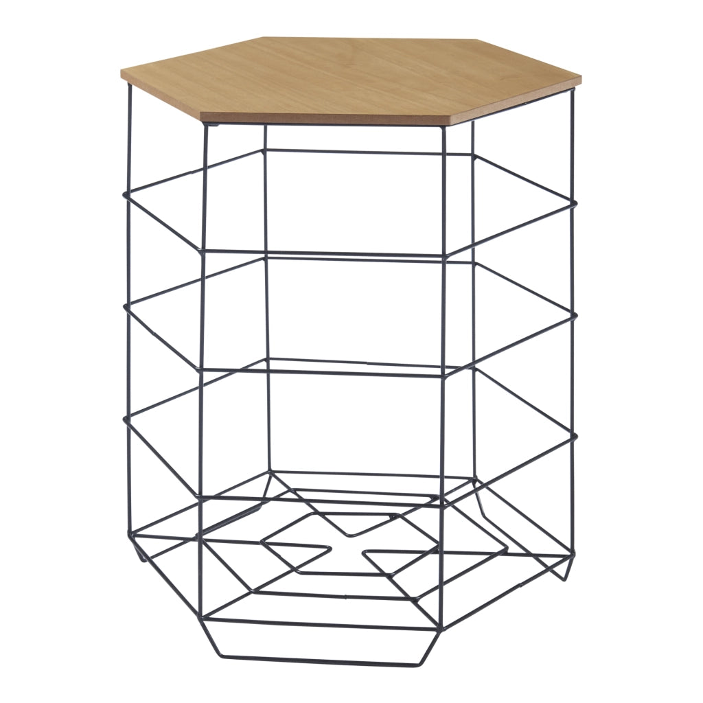 Set 'Hørsholm' da 2 Tavolini a Cestello in Misure Diverse 2 Tavolini Contenitori con Piano Esagonale Rimovibile Base in Metallo Nero Piano in Effetto Legno [en.casa]