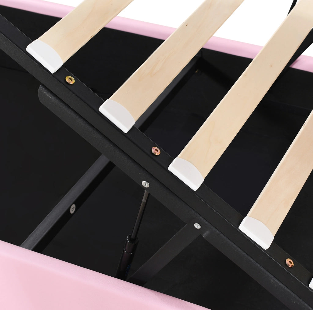 Letto imbottito singolo 90x200 cm in PU rosa; testiera regolabile e rete a doghe