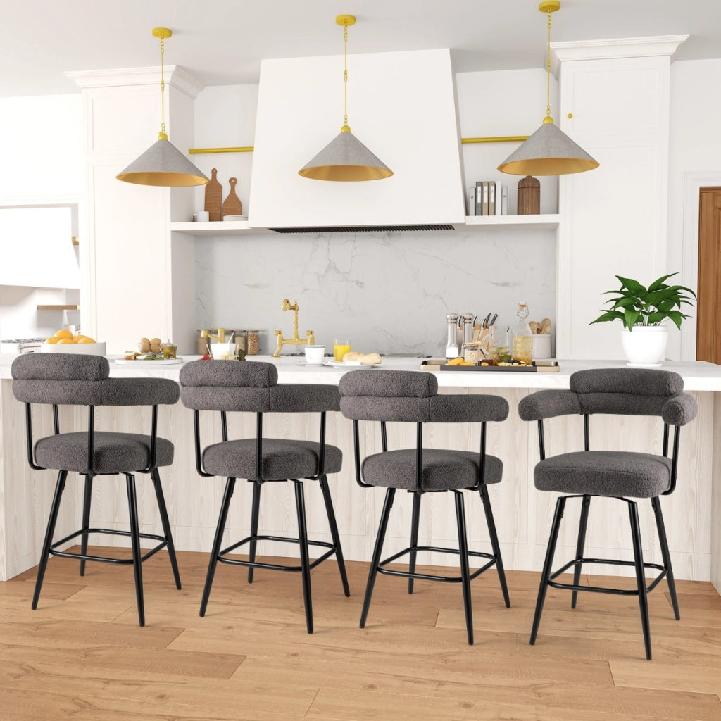 Sedie moderne imbottite in boucle con gambe in metallo e poggiapiedi per isola cucina, Set di 2 sgabelli da bar girevoli Grigio-Sgabelli da bar