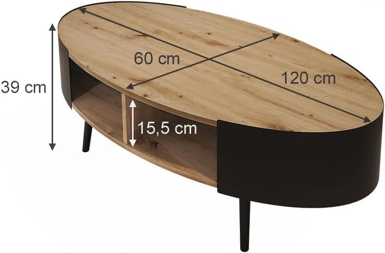 Tavolino Lofta, Nero, 120 x 60 cm, con ripiano per riviste e telecomandi