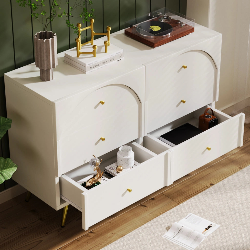 Cassettiera con 6 Cassetti e Frontali Bombati; Piede in Metallo Regolabile; Stile Classico; in Legno e Metallo; 120×40×85 cm; Bianco Crema