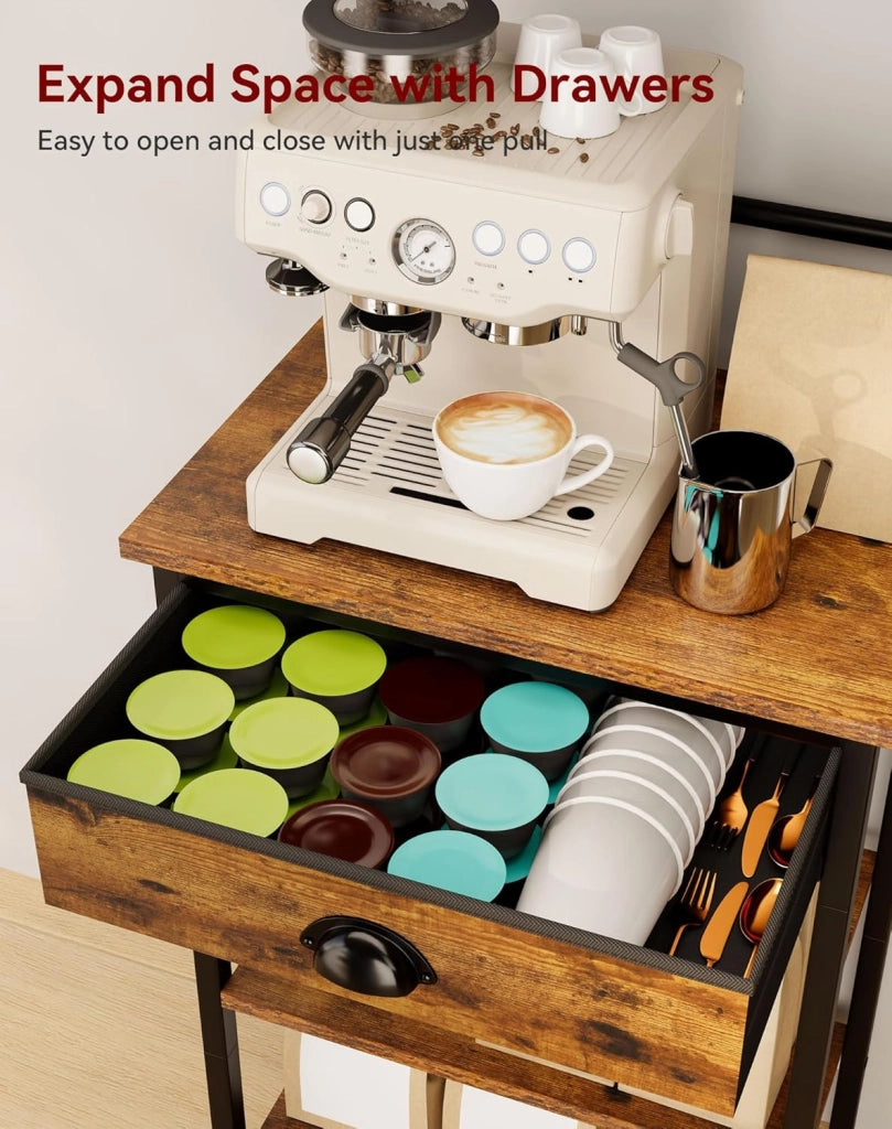 Scaffale da Cucina, Porta-caffè in legno a 5 livelli, Scaffale per macchina del caffè, Organizzatore di 12 ganci, Cassetti in tessuto, 33 x 43 x 134,5 cm, per Soggiorno, Ufficio, Marrone HBR009H