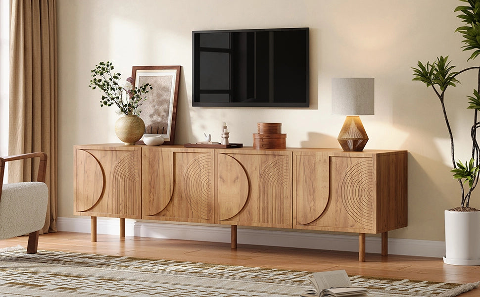 Mobile porta TV con 4 ante e 2 vani, passacavi, rilievo 3D, per soggiorno, in legno, naturale, 180 × 38 × 56,5 cm