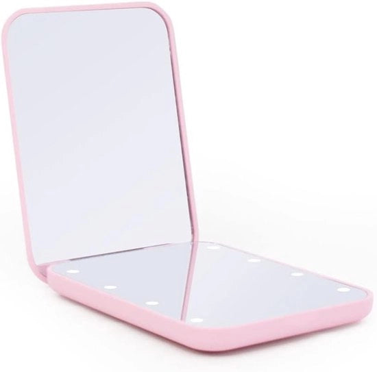 Specchio di trucco pieghevole compatta con luci LED - Rosa