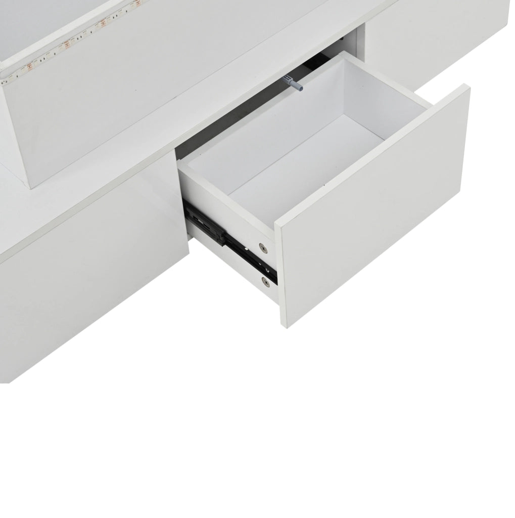 Tavolino da caffè elevabile LED bianco 100x50 cm con 4 cassetti e USB