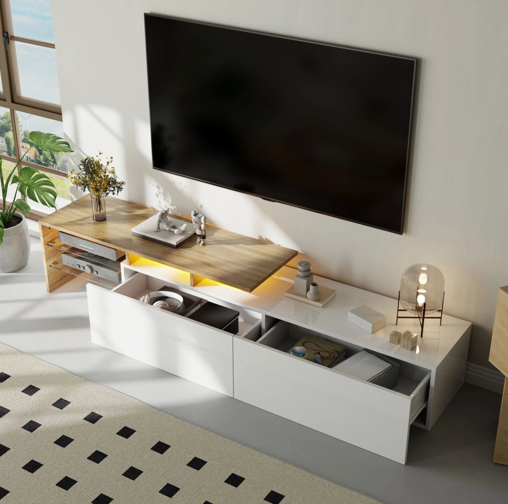 Mobile porta TV con LED 16 colori, 170 cm, bianco e legno