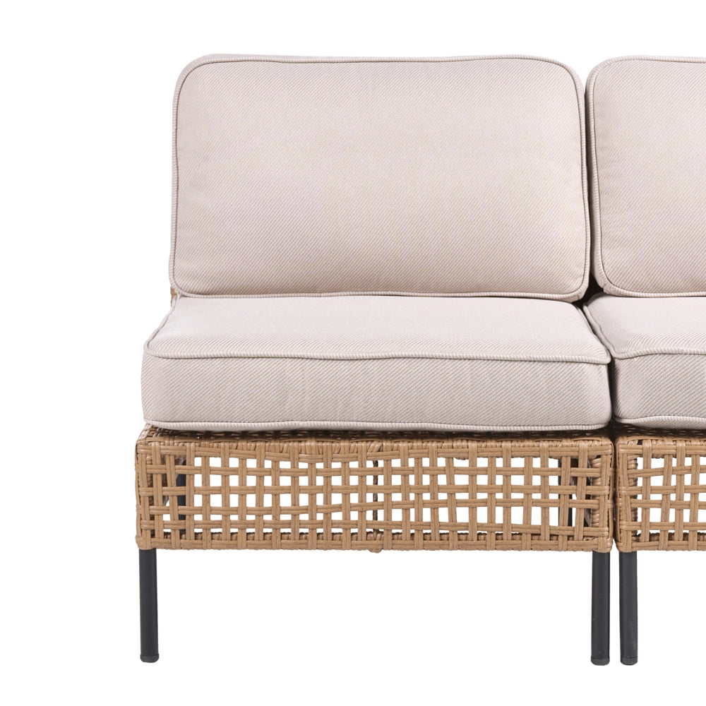 Divano angolare da giardino in rattan PE beige chiaro modulare a 6 posti con tavolino in vetro struttura in metallo con cuscini stile moderno