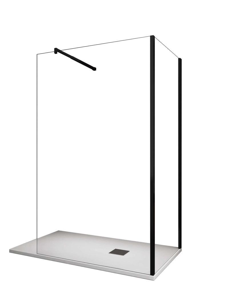 Parete Doccia Angolare walk-in h 200 vetro 8MM trasparente Telaio Nero con Accessori - 75X100 REVERSIBILE