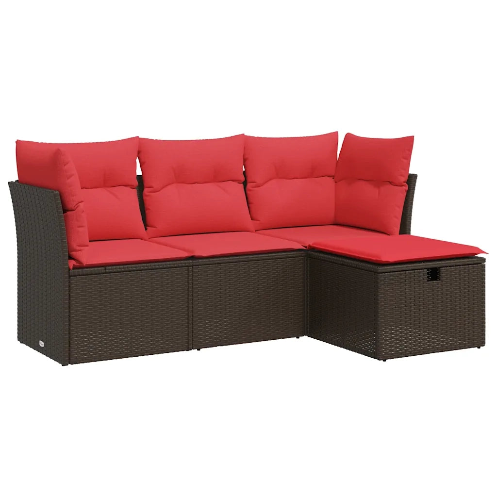 Set Divano da Giardino 4 pz con Cuscini Marrone in Polyrattan