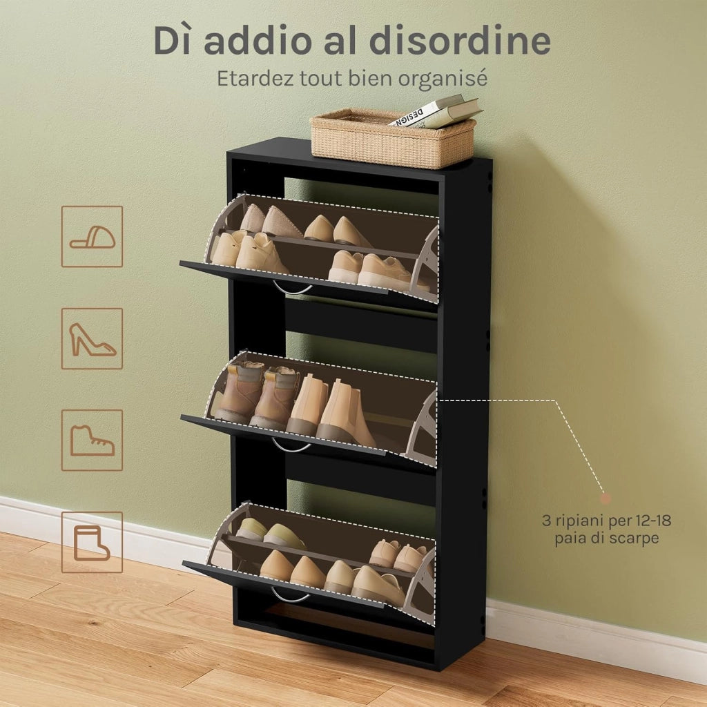 Scarpiera con 3 Cassetti a Ribalta, Portascarpe Stretto con Ripiani Regolabili, Capienza 14-18 Paia, 58x23x118 cm, Nero, per Corridoio e Soggiorno