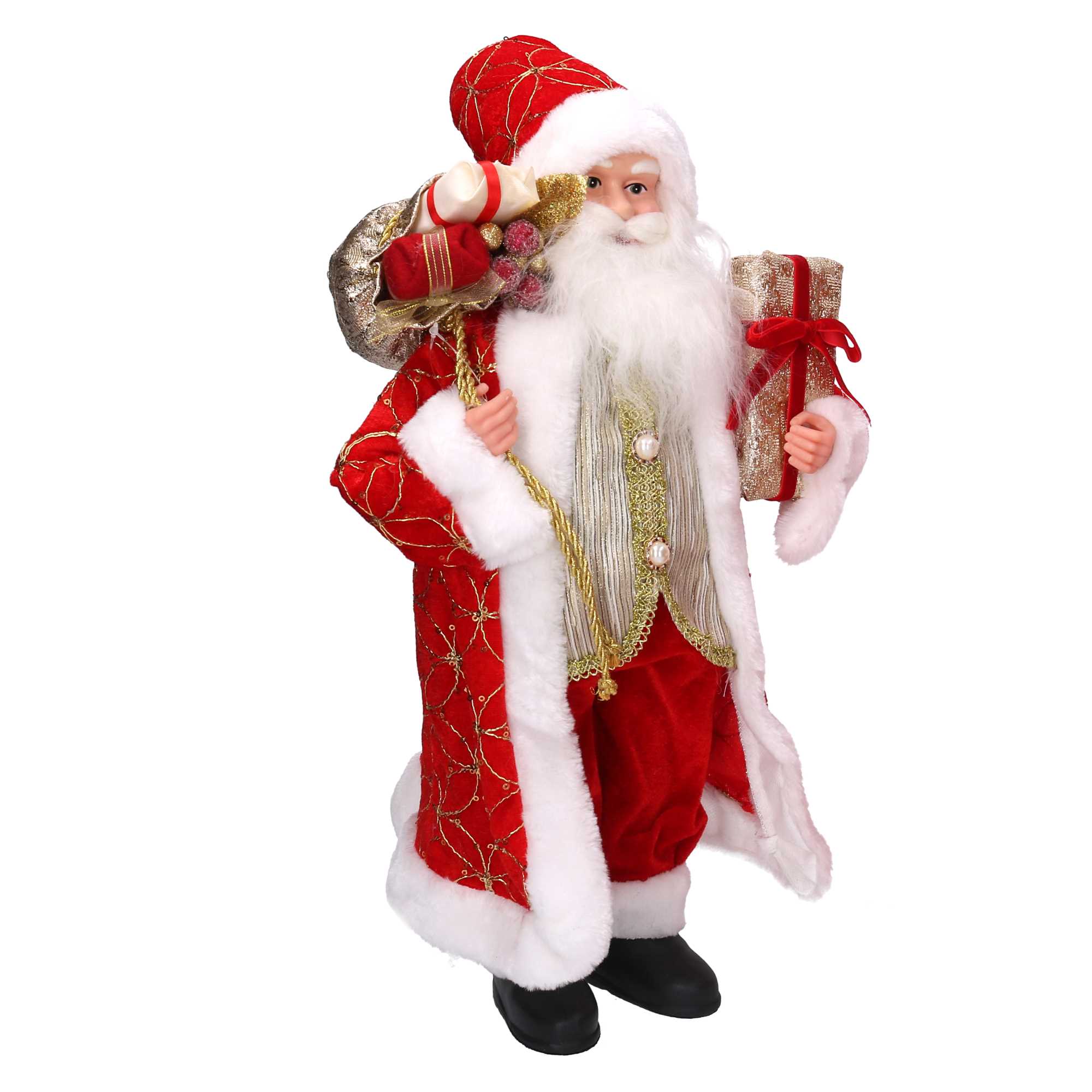 Babbo natale in tessuto rosso e oro con regali cm xh45