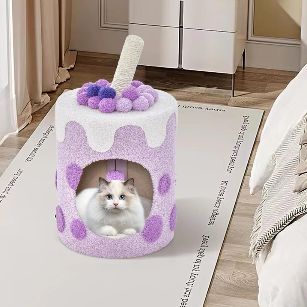Cuccia per Gatti a Forma di Bubble Tea, Casetta per Gatti con Tiragraffi in Sisal e Palline Appese, Albero per Gattini da Interno, 37 cm x 37 cm x 67 cm (Viola e Bianco)
