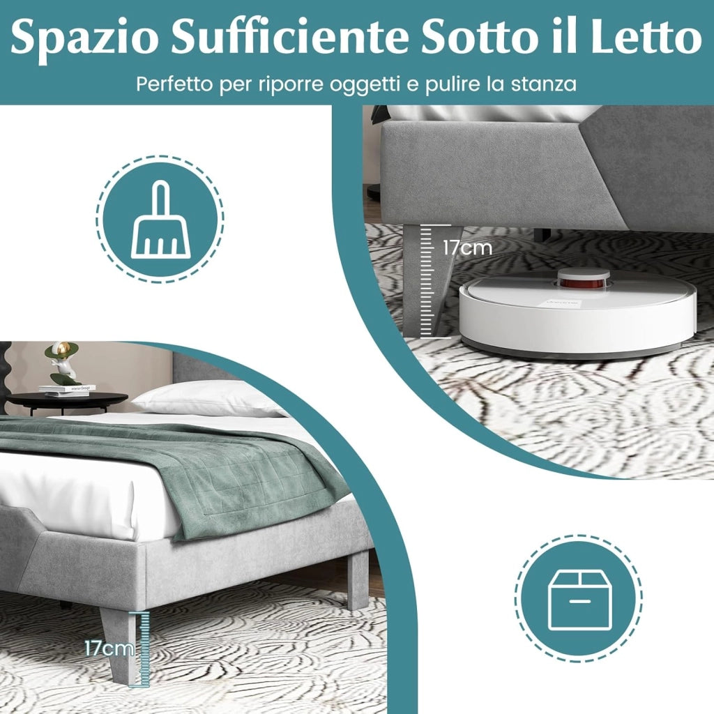 Letto con Struttura Imbottita in Velluto, Telaio da Letto con Doghe in Legno Massello e Testiera, 140 x 200 cm, Carico Massimo 500kg