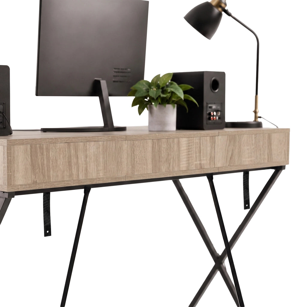 Scrivania PC industriale Rovere Sonoma CROSSLINE 120 cm 2 cassetti 1 ripiano gambe nere