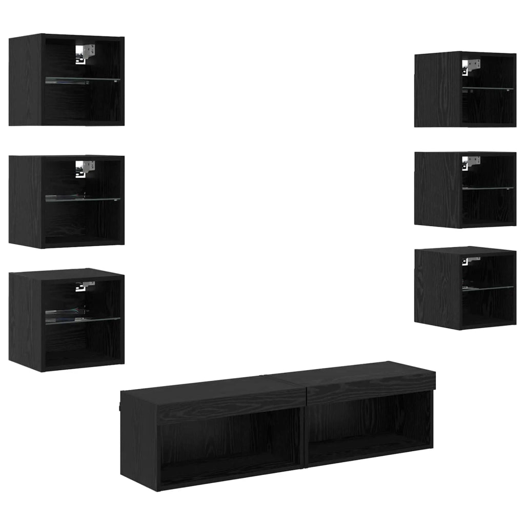 Mobile TV con luci a strisce a LED 8 pz-Credenza TV-Console TV Rovere Nero Vetro