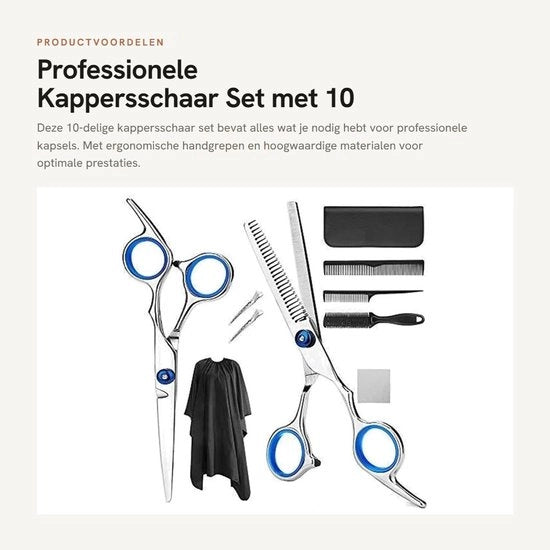 Kit di forbici da barbiere 10 pezzi - Set professionale per barbieri - Manico ergonomico - Acciaio inossidabile - Inclusi clips e pettini - Ideale per saloni - Forbici da barba