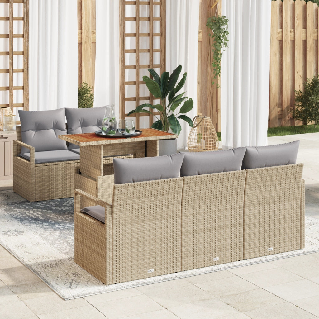 Set di Divani da Giardino 6 Pezzi con Cuscini Beige Polyrattan Acacia