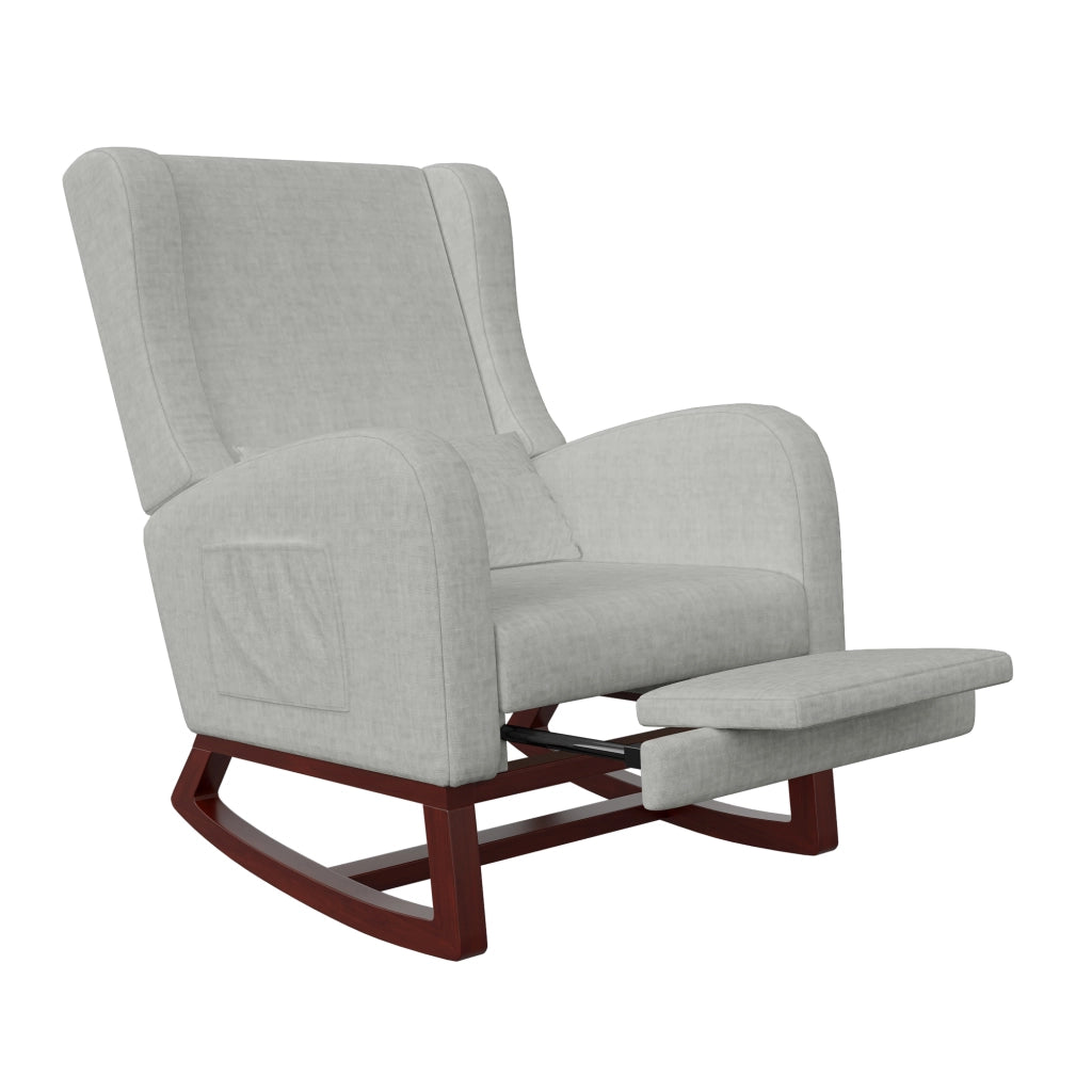 Poltrona relax a dondolo 67x64x99 cm con poggiapiedi; sedia a dondolo da interno per allattamento struttura in legno e velluto opaco; grigio
