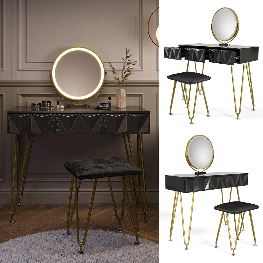 Vicco Tavolo da toeletta Nero 100 cm con specchio e sgabello a LED