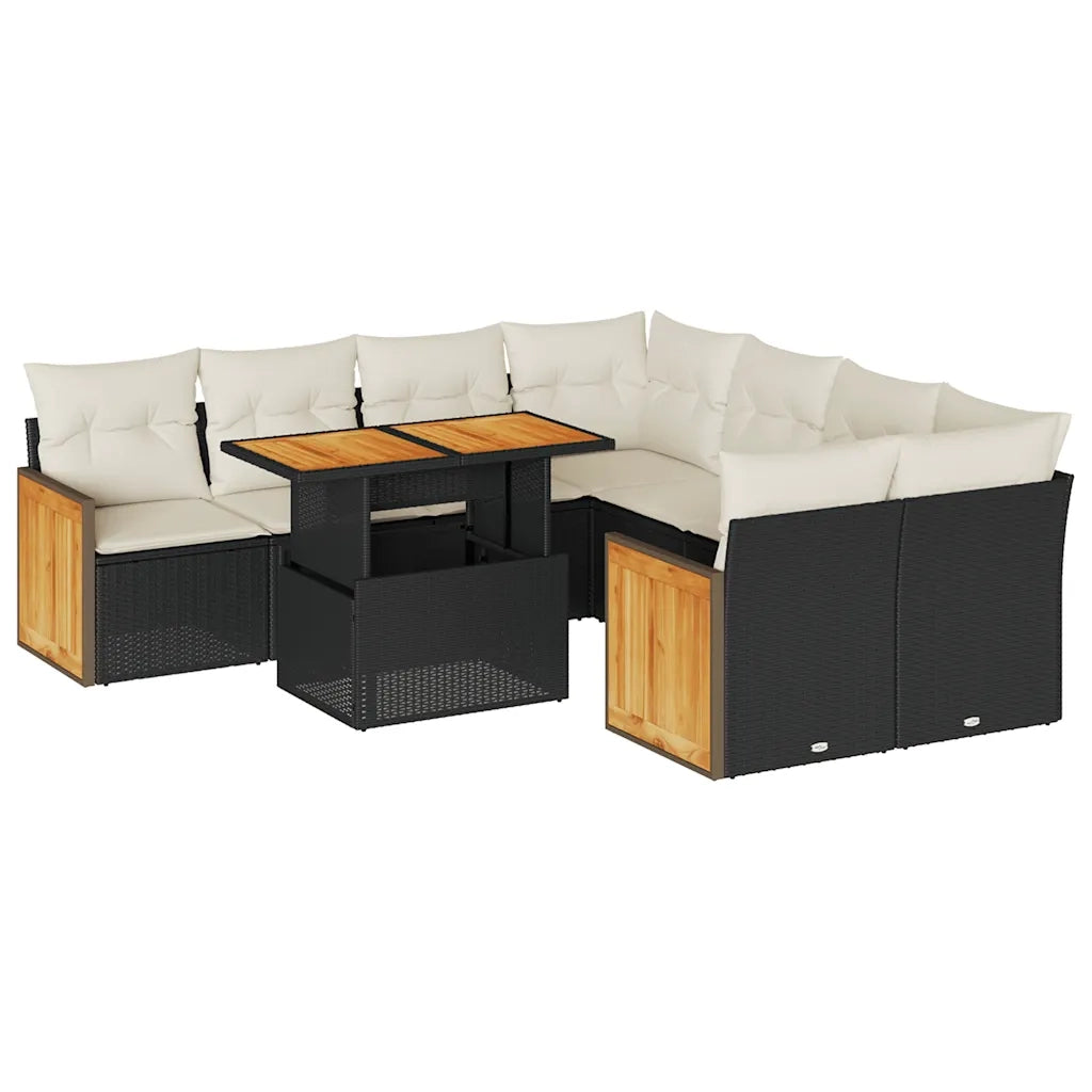 Set Divani da Giardino 9 pz con Cuscini Nero Polyrattan Acacia 3327689