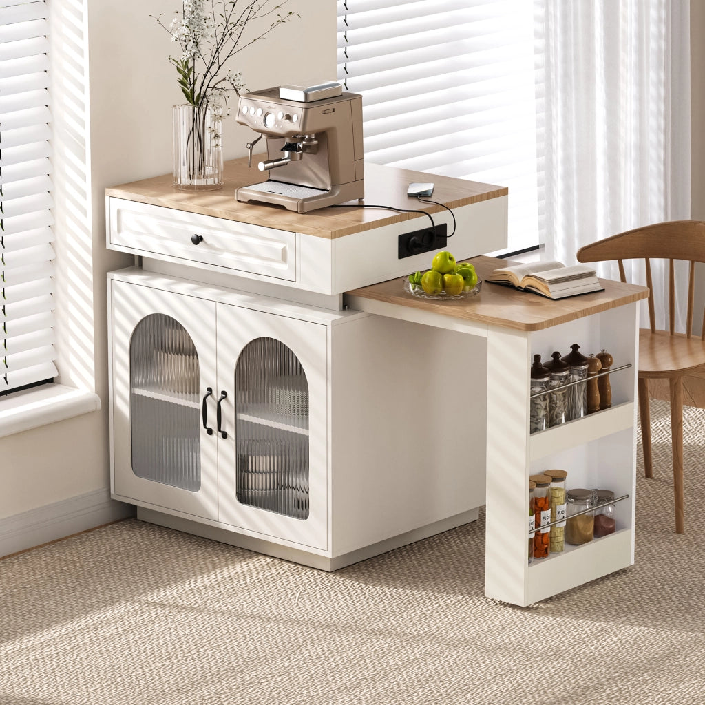 Tavolo allungabile con cassetto, vani aperti e led, per cucina e sala da pranzo, in MDF e vetro, bianco