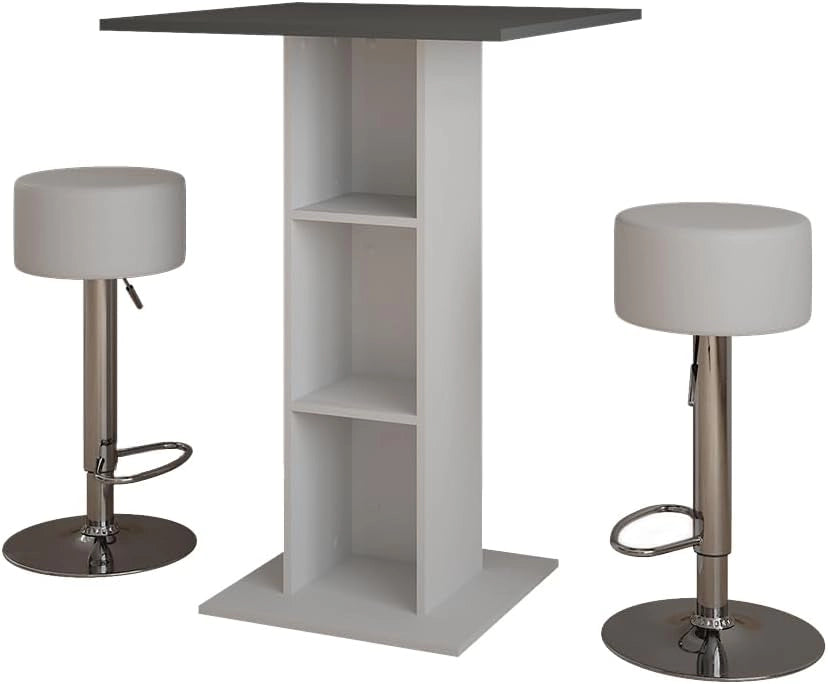 tavolo bar con sgabelli Repose, Antracite/bianco, 75 x 75 cm con 2 sgabelli da bar, per l'utilizzo come tavolo alto con ripiani regolabili in altezza