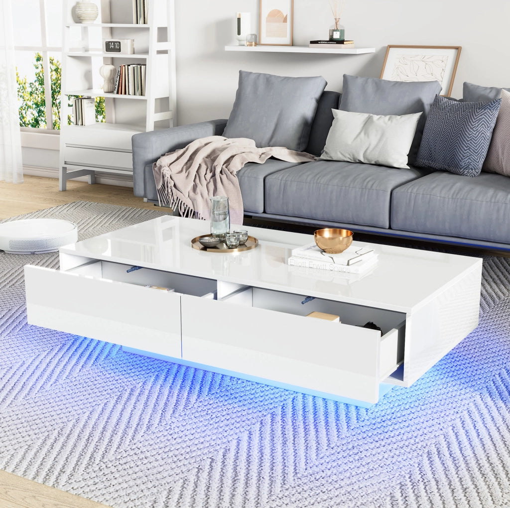 Tavolino da caffè bianco lucido 115 x 55 x 34 cm con 2 cassetti e LED