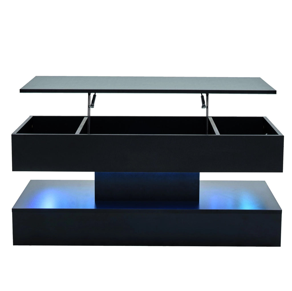 Tavolino da salotto sollevabile con LED; vano contenitore e prese EU; 100x50x42 cm; nero