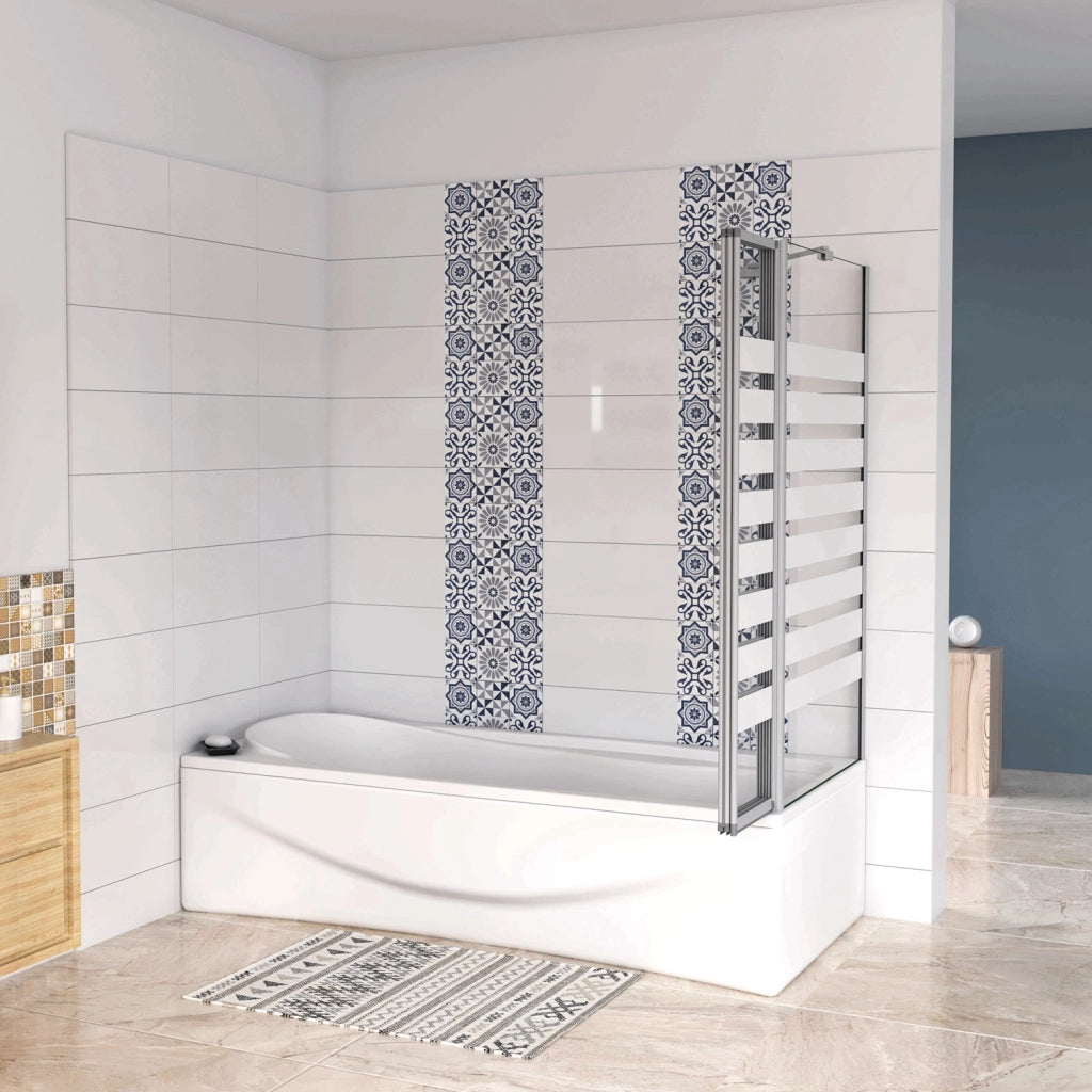 Sopravasca 100×140cm Vetro 4mm Temperato Bianco 3 Ante Pieghevoli a Libro con Lato Fisso 65x140 cm Profilo Argento Opaco Verso Destro