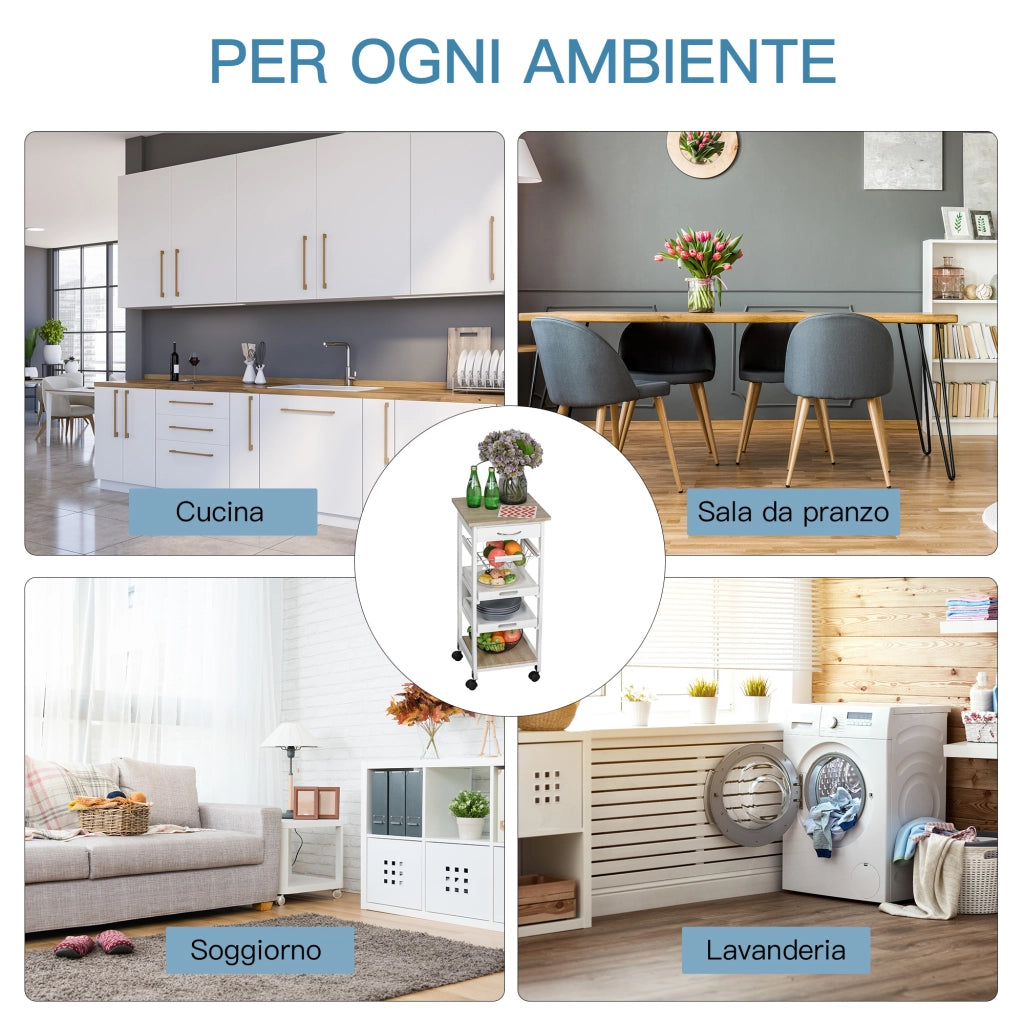 Easycomfort Carrello da Cucina Salvaspazio in Legno di Pino e MDF, Carrello Portaoggetti con Cassetto, Cestello, 2 Vassoi e 4 Ruote Universale, 37x37x82cm, Bianco
