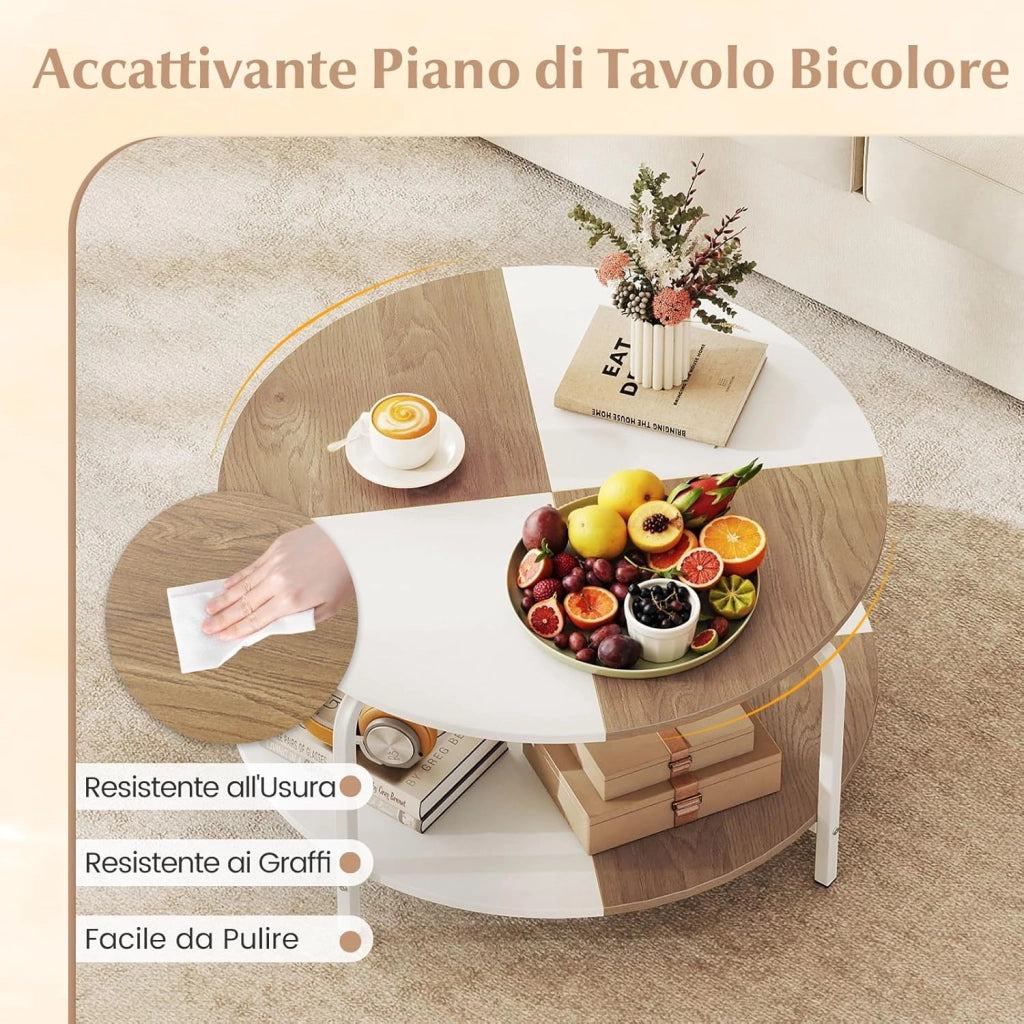 Tavolino da Caffè Rotondo, Tavolino da Salotto a 2 Piani con Struttura in Metallo e Gambe Rialzate, Tavolo da Divano Basso Moderno per Soggiorno e Ufficio, 80 x 80 x 42 cm, Bianco e Naturale