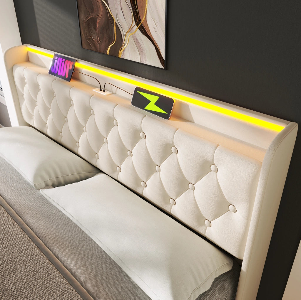 Letto matrimoniale imbottito 140x190 cm in PU bianco con LED; contenitore idraulico e USB Tipo-C