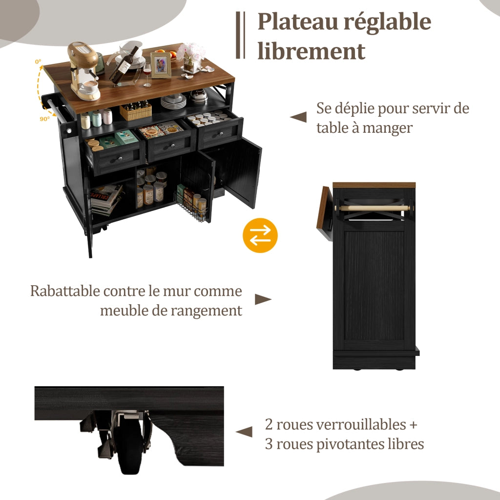 OKWISH Isola da Cucina con 3 Cassetti, Piano Pieghevole e Ruote, Portaasciugamani Laterale, Nero, 118 x 43 x 98 cm