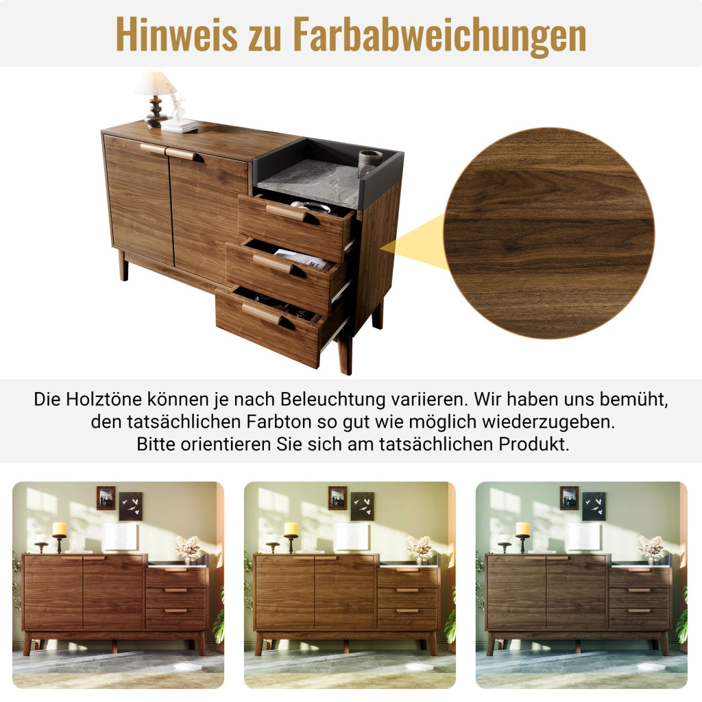 Credenza con 2 Ante; 3 Cassetti e 1 Vano Aperto; Ripiano Regolabile; per Soggiorno; in Legno e Metallo; 120 × 40 × 77 cm