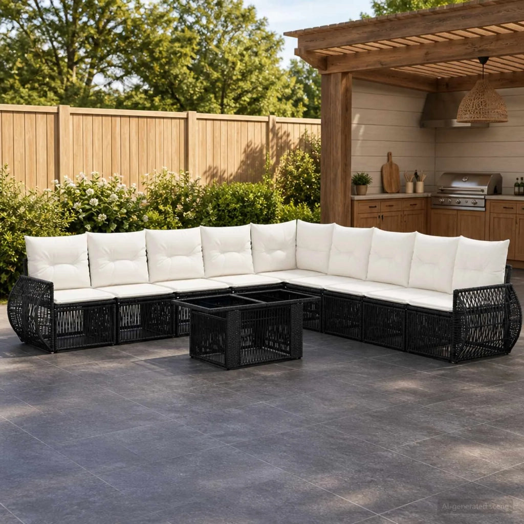 Set Divano da Giardino 10 pz Nero e Bianco Crema polyrattan 3436954