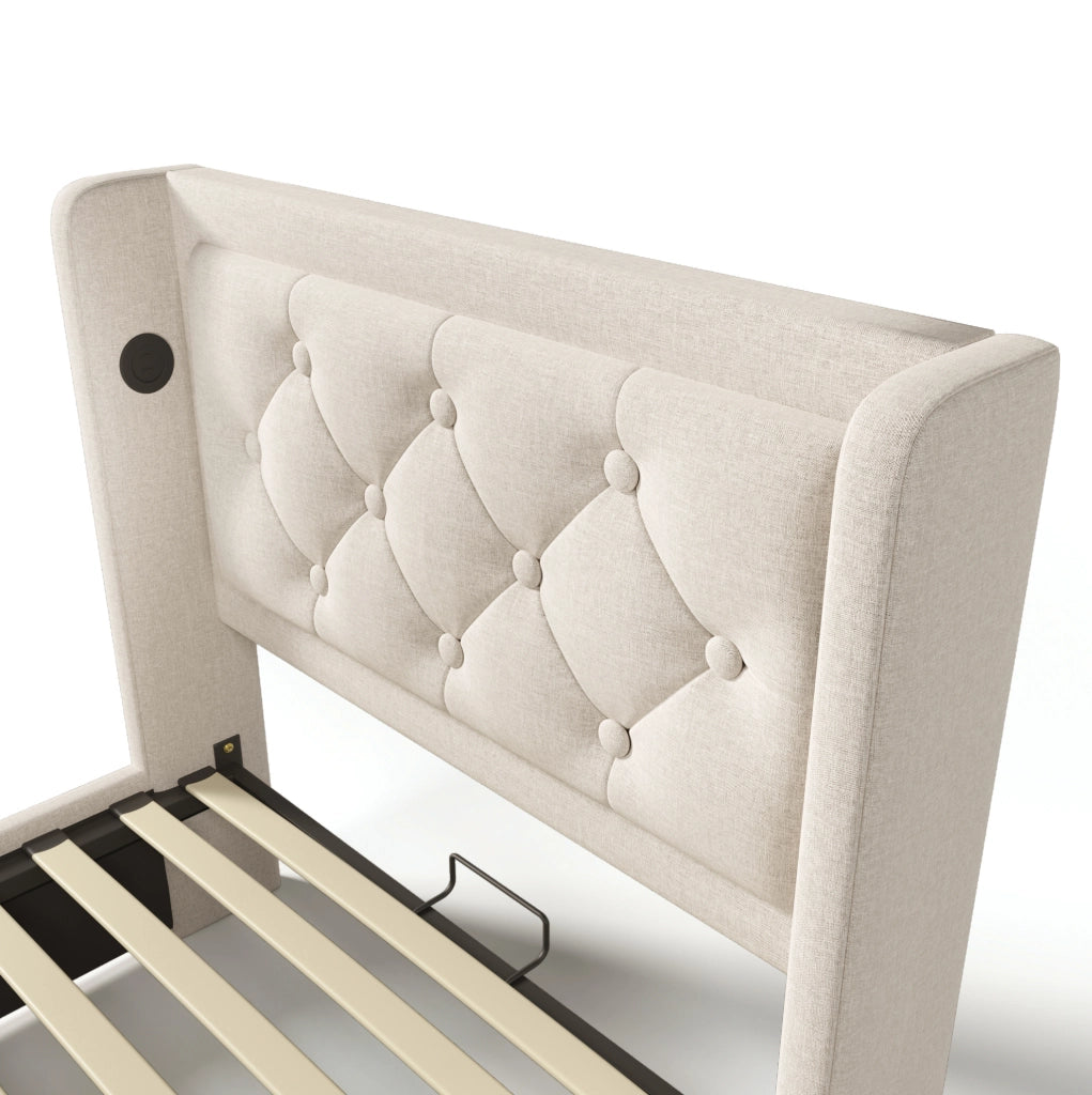 Letto singolo imbottito 90x200 cm in cotone beige con contenitore; USB Type-C e LED