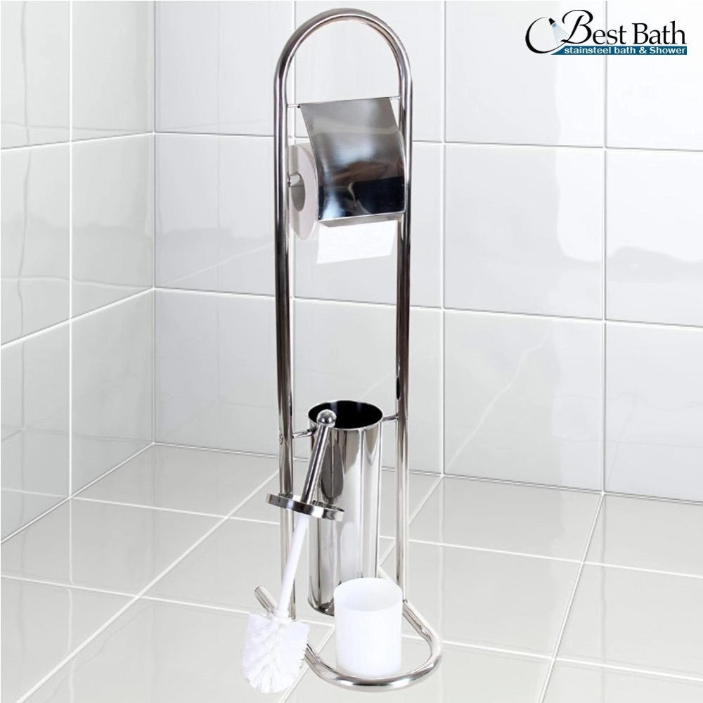 Trade Shop - Piantana Porta Rotolo Con Scopino Da Bagno Metallo Lucido Cromato Bagno Wc 80 Cm -