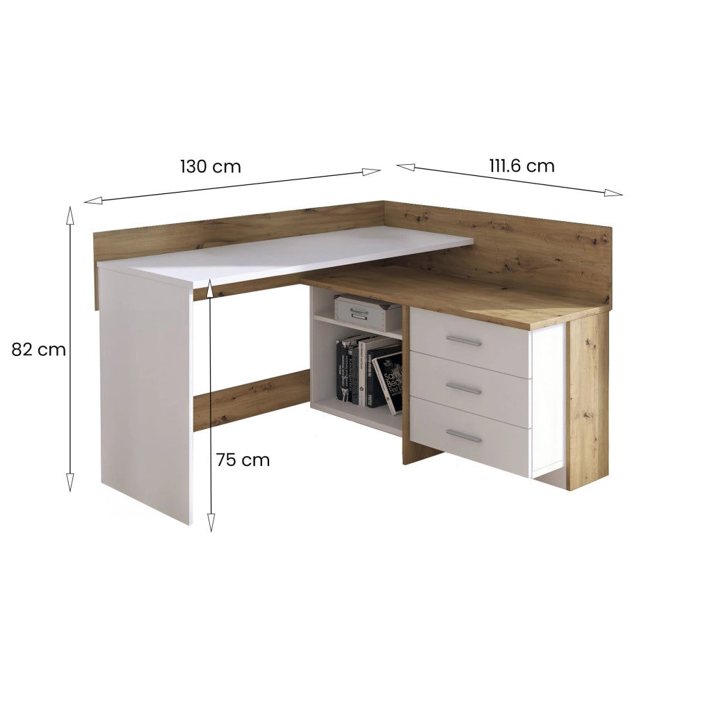 Scrivania Elsa, Scrittoio multiuso, Tavolo per ufficio porta PC, Piano di lavoro, 130x112h82 cm, Bianco e Rovere Nodi