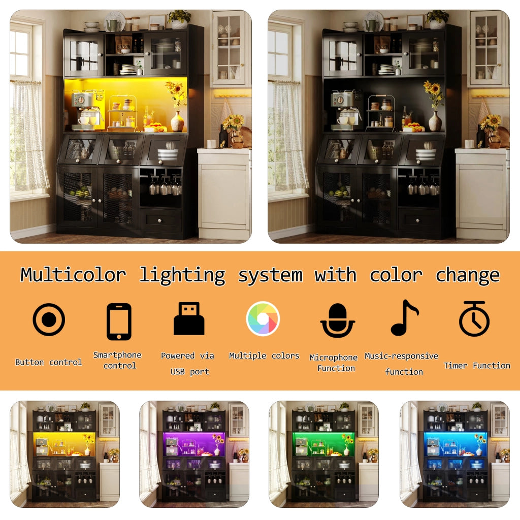 Credenza alta da cucina con LED, porta in vetro e ripiani regolabili, USB, in MDF nero, 120 × 40 × 181.7 cm