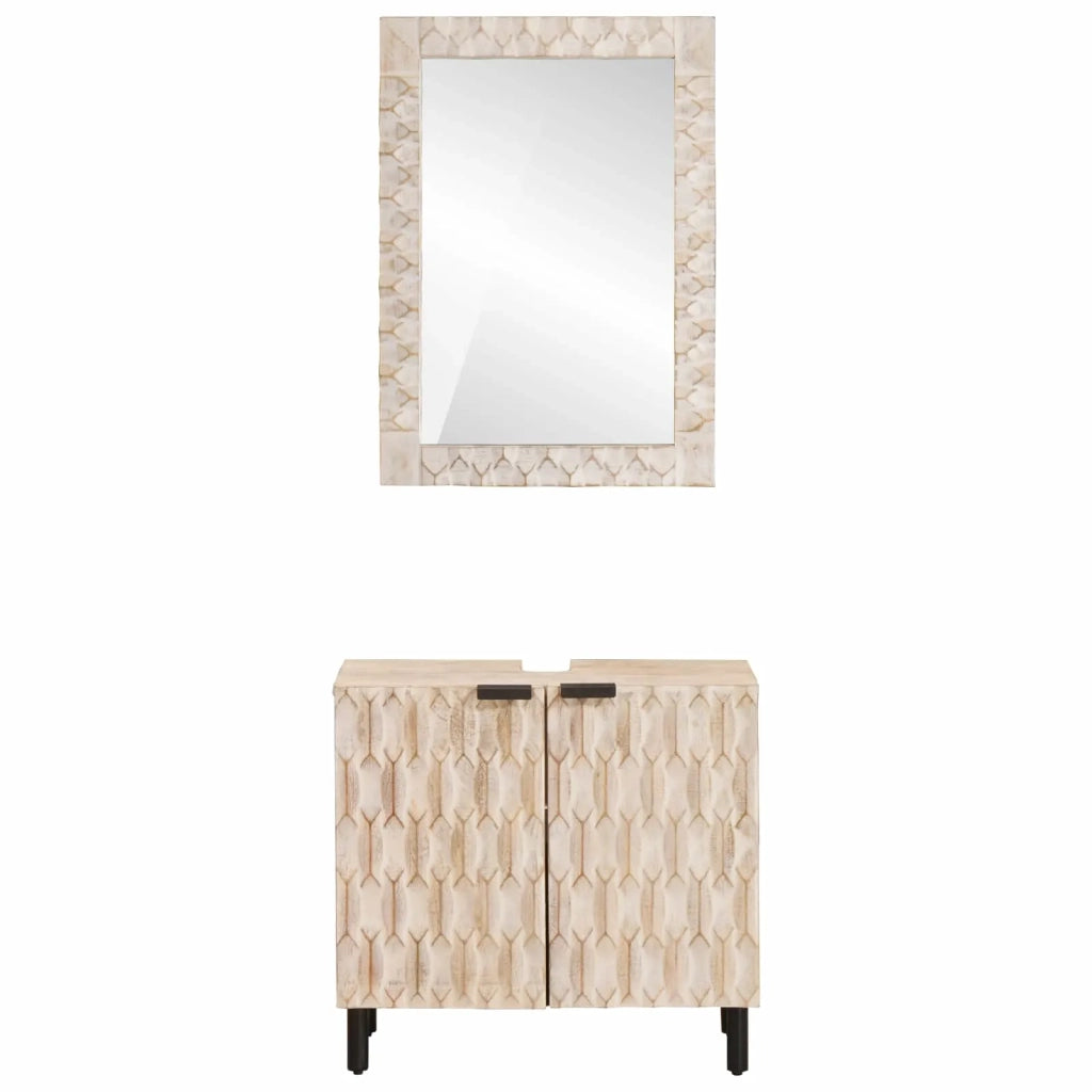 Set da Bagno | Armadio da bagno Finitura Bianco Lavato Legno di mango massello
