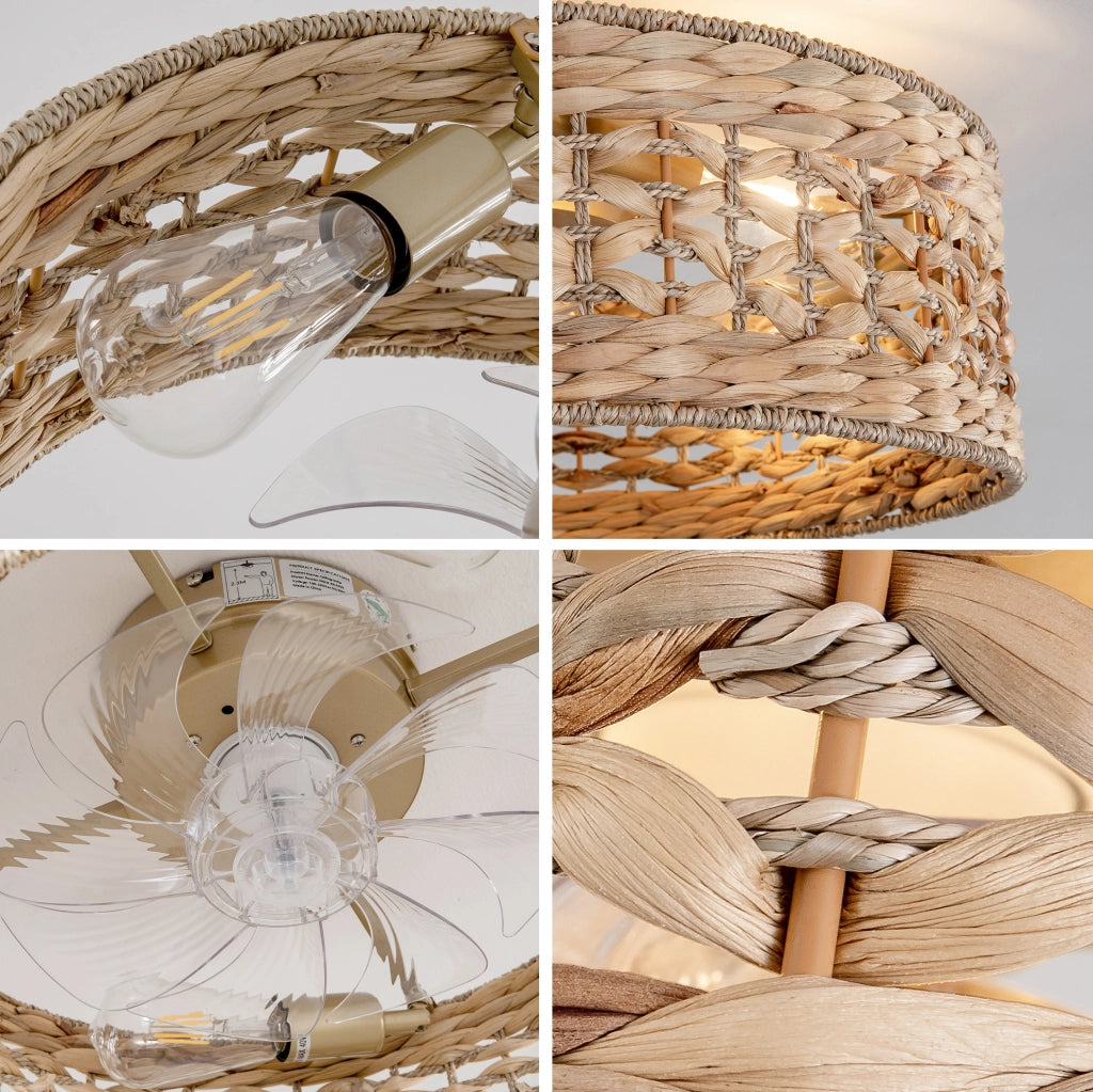 Ventilatore da soffitto con plafoniera in rattan intrecciato; controllo via app e telecomando; colore rame