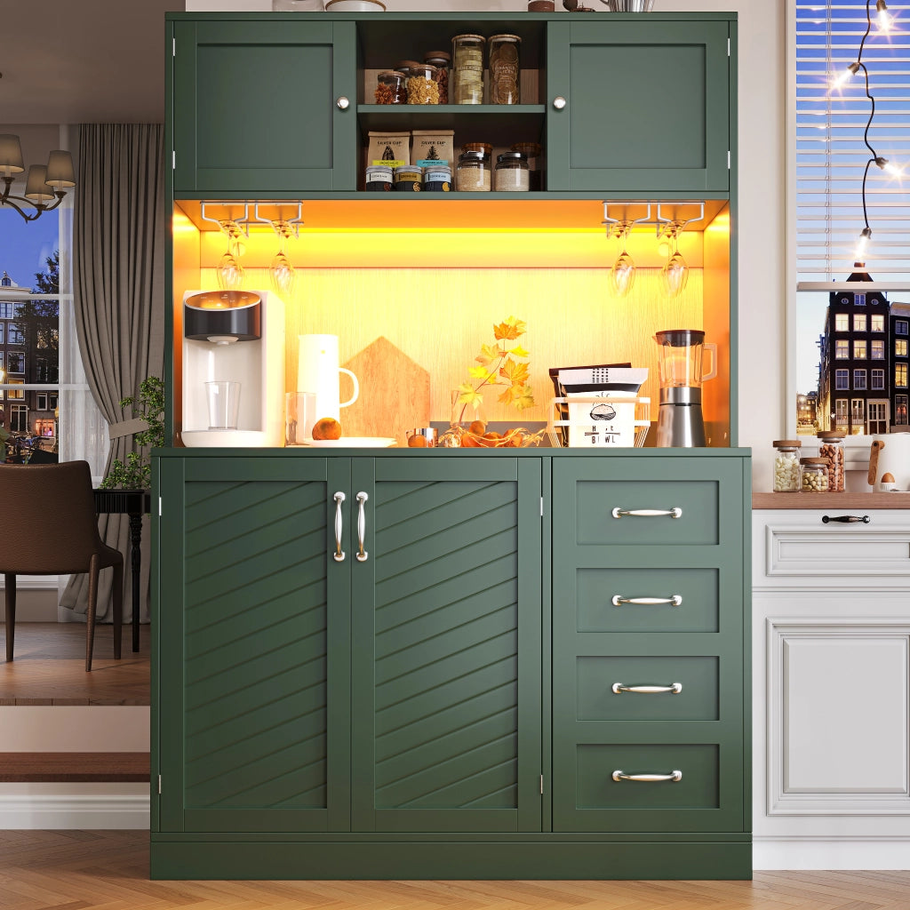 Credenza alta da cucina con 4 Ante e 2 Cassetti; LED e Portabibite; in MDF; 120 x 40 x 188 cm; Verde